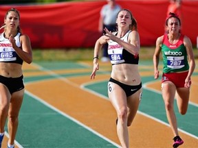 Canadians Allison Frantz (604) and Sara Villani (643) competing in the heptathlon women 200 metre dash at the 2015 Panamerican Junior Track & Field Championships at Foote Field in Edmonton, August 1, 2015. Frantz came in fourth place and Villani in sixth.
