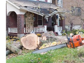 A chainsaw sits in front of a house in this file photo.