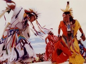 Dancers from the Edmonton Native Friendship Centre, performing at the 1990 Heritage Festival. Photo from the Edmonton Journal archives by Greg Southam.