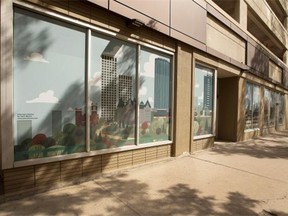 A drab parkade owned by Melcor at 102nd Street and 100th Avenue was recently brightened with artwork by Edmonton illustrator Jason Blower. The company contacted Blower to use his Skyline print to wrap the building's front windows.
