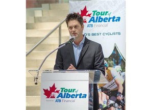 Duane Vienneau, executive director of the Tour of Alberta, announces the teams that will be participating in the Tour of Alberta cycling race in September.