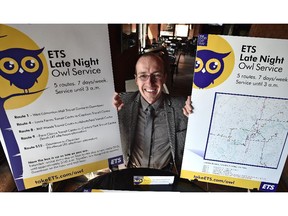 Coun. Andrew Knack announces improvements in the ETS bus service, the Late Night Owl routes, taking effect Sept. 6 in Edmonton, Aug. 31, 2015. (ED KAISER/EDMONTON JOURNAL)