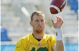 Edmonton Eskimos quarterback Matt Nichols plays catch with himself during Friday’s practice at Clarke Field.