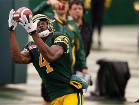 Edmonton Eskimos slotback Adarius Bowman catches the ball for his second touchdown against the Winnipeg Blue Bombers during a Canadian Football League game on July 25, 2015 at Commonwealth Stadium.