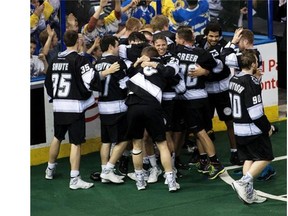 The Edmonton Rush celebrate after defeating the Toronto Rock in the National Lacrosse League final at Rexall Place on June 5, 2015.