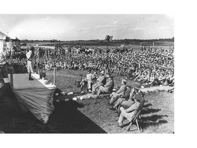 English stage and screen comedienne Gracie Fields entertained the largest crowd to pack the Edmonton Arena in 1940. She then went on to Saskatchewan to entertain troops in places such as Dundurn Army Camp, pictured here.