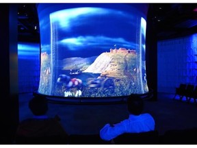 Fort Edmonton, pictured on a drop tubular screen in the new 360-degree theatre in the renovated Federal Building.