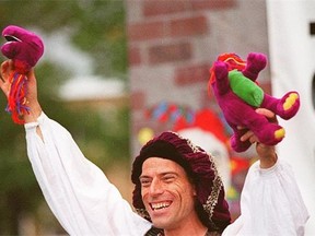 The Fringe street performer “Nikolai” used a machete to  cut  the head off of a stuffie of childlren’s TV character Barney the purple dinosaur, upsetting some children and their parents in 1995.