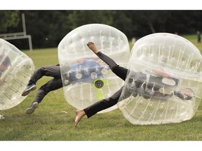 Kyle LeDuc, a personal trainer, whose event company, Orbissports, uses bubble suits for fun and fitness says many different sports can be played in the suit including football, basketball and soccer. Video by Greg Southam, Edmonton Journal