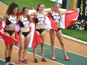 From left: Canada Taylor Sharpe, Erinn Stenman-Fahey, Evelyne Guay and Taysia Radoslav win bronze in the Women 4x400 at the 2015 Panamerican Junior Track & Field Championships at Foote Field in Edmonton, August 2, 2015.