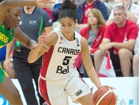 Gilmara Justino (l) and Kia Nurse in the Canada vs. Brazil semi-finals in the FIBA Americas Women’s Basketball tournament in Edmonton. August 15, 2015.