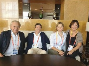 Jack Agrios (left) and wife Jeannie with new IAAF president Lord Sebastian Coe and his wife Carol at the world athletic championships in Beijing. Coe says his first priority is to fight drug cheats.