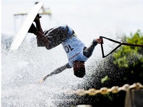 Jaret Llewellyn of Innisfail competes in the trick skiing event of the men’s overall water-ski competition at the Pan American Games in Toronto on Wednesday.