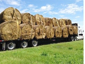 This is the first shipment of 23 round bales of free hay from farmer Jurgen Kohler sent out Friday to help farmers in Alberta.