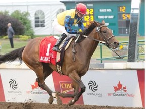 Justin Stein rides Academic to the finish line for the win of the Canadian Derby at Northlands Park in Edmonton August 15, 2015.