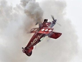 Aerobatic air show pilot Brent Handy of Moose Jaw, Sask., flying his Pitts Special during a rehearsal Friday in preparation for this weekend’s Edmonton Airshow at the Villeneuve Airport.