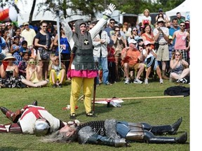 The Knights of the Northern Realm re-enact the Welsh Revolt for the St. David’s Welsh (Wales) pavilion at Heritage Days in Hawrelak Park on Monday. The knights are a living history club focused on the mid- to late-14th-century in England.