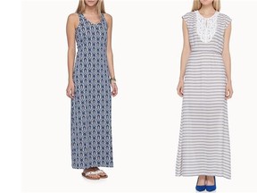 Racerback maxi dress in an ikat-inspired print on left, available at Simons, $38. Right, maxi with crocheted bib detail from Simons Contemporaine line, $125.