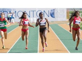 The 400-metre women’s finals at the Panamerican Junior Athletics Championships included (left to right) Paola Moran Errejon, Zola Golden, Kendra Clarke, Kendall Ellis and Dawnalee Loney. Clarke, an Edmonton runner, took home the gold medal.