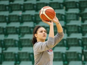 Natalie Achonwa practises with the Canadian women’s national basketball team on Aug. 6 at the Saville Centre as the team prepares to face international competition in the FIBA Americas Women’s Championship from Aug. 9-16.
