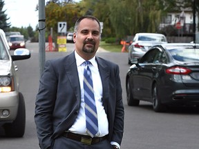 Bennett Polack standing in his neighbourhood on Ormsby Rd. east. He was one of the speakers on shortcutting at the transportation committee meeting in Edmonton, August 19, 2015.