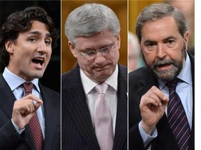 From left, Liberal leader Justin Trudeau, prime minister Stephen Harper and NDP leader Tom Mulcair.