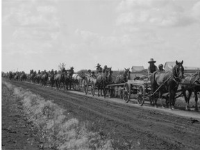 A procession of natives from Northern Alberta reserves make their way to Edmonton for the annual Kiwanis’ Stampede. In 1932, 1,000 aboriginals took part. Photo from the Provincial Archives of Alberta.