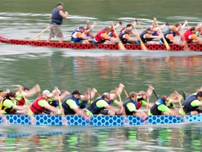 Racers paddle hard during the Dragon Boat Festival and Pink Ribbon Challenge at Louise McKinney Riverfront Park on Aug. 16, 2015.