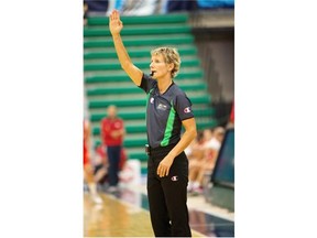 Referee Karen Lasuik of Edmonton is trying to earn her stripes to work the Olympic Games basketball tournament next year before she becomes ineligible at age 50. She is shown officiating a FIBA Americas Women’s Championship game between Puerto Rico and Chile on August 13, 2015 at the Saville Community Sports Centre.