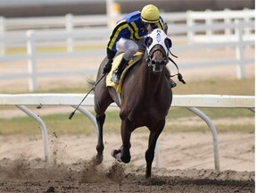 Rico Walcott, riding Blue Dancer, wins the Count Lathum stakes race at Northlands Park racetrack on July 18, 2015 in Edmonton.