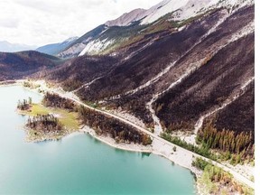 An aerial view of the Excelsior Wildfire in Jasper National Park shows the burned area along the north end of Medicine Lake on July 19, 2015.