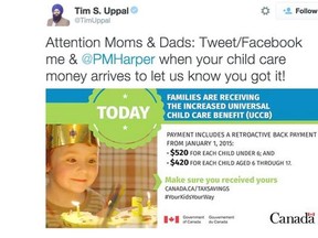 A screen capure of a tweet posted to Twitter on July 20, 2015, by Tim Uppal, federal minister of state for multiculturalism and Member of Parliament for Edmonton-Sherwood Park