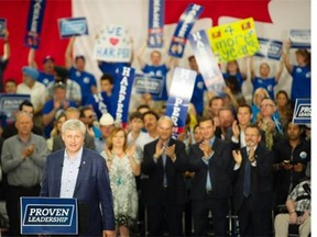 Stephen Harper delivers remarks at a Conservative party rally at Packers Plus in Edmonton on Aug. 12, 2015.