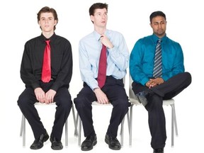 Three guys wait for a job interview. No need to avoid coloured shirts, unless you’re aiming for an accounting position.