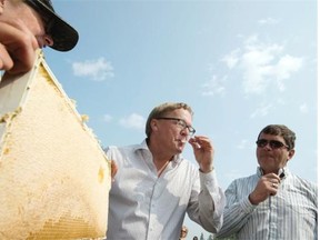 Tourism Minister David Eggen (centre) and Agriculture Minister Oneil Carlier sample honey produced at the Northlands Urban Farm during a recent news conference promoting Alberta Open Farm Days.