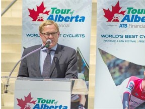 Tourism Minister David Eggen speaks in support of the Tour of Alberta cycling race, in Edmonton on July 20, 2015.