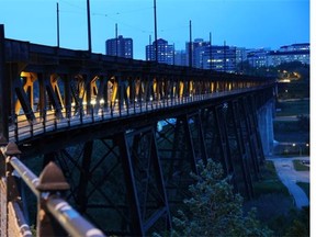 Traffic on the High Level Bridge at night.