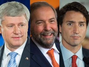 From left, Stephen Harper, Thomas Mulcair and Justin Trudeau.