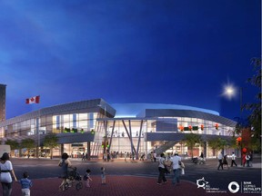 A digital rendering of a proposed arena in downtown Fort McMurray.