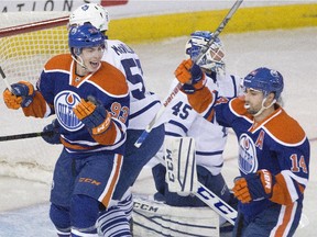 Edmonton Oilers forwards Ryan Nugent-Hopkins, left, and Jordan Eberle have had a lot of chemistry in the past and are likely to be paired up again this season.