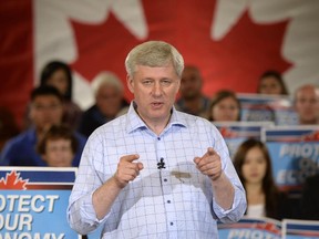 Conservative Leader Stephen Harper gestures as he speaks to supporters during a campaign rally in Burnaby, B.C., on Monday, Sept. 14, 2015.