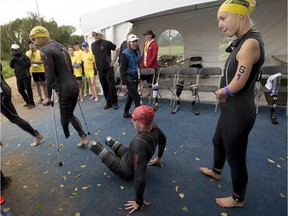 Athletes make their way to the start line  during the paratriathlon which is part of the ITU's World Triathlon Series Tour on September 5, 2015 in Edmonton at Hawrelak Park.