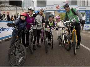 From left to right, Jesse Pelletier, 7, his mother, Jamie Sale, Krista Ference, daughters Ava, 10, and Stella, 6, and husband Andrew Ference prepare for the Tour of Alberta ATB Financial Family Ride event on September 7, 2015 in Edmonton.   (Greg Southam/Edmonton Journal)