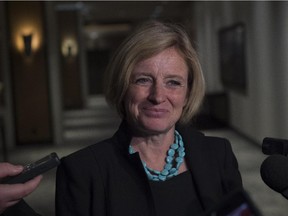 Premier Rachel Notley scrums with reporters following a speech Tuesday, Sept. 22, held at the Westin Hotel for the Alberta Chambers of Commerce.