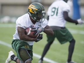 Running back Shakir Bell in practice leading up to the Sept. 12, 2015, game against the Stampeders — second of three matches between the two teams.