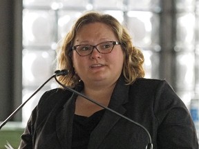 Sarah Hoffman (Alberta Minister of Health) speaks at the University of Alberta Hospital on August 27, 2015.