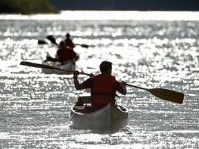 Competitors paddle down the river during the Mountain Man Race in Edmonton on Sept. 10, 2015. The annual competition is meant to promote physical fitness and mental toughness through dedicated training and to challenge soldiers in a competitive atmosphere.