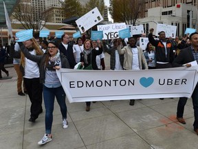 Supporters of UberX rally outside of City Hall in Edmonton on Wednesday, Sept. 16, 2015.