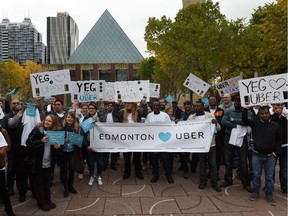 Supporters of Uber rally outside of City Hall in Edmonton on Wednesday, Sept. 16, 2015.