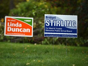 EDMONTON, ALBERTA SEPTEMBER 21, 2015: Election signs in Ward G in Edmonton on Monday Sept. 21, 2015. photo by John Lucas/Edmonton Journal)(for a story by Paula Simons)